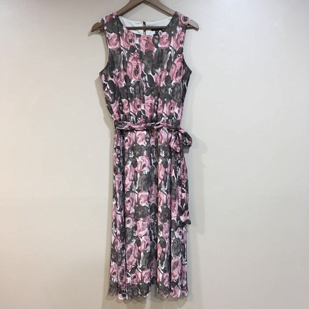 MSK Floral Midi Dress Sz 10 Pink Gray Cottage Romantic Feminine Wedding Guest